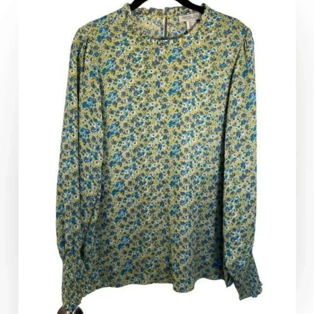 Rachel Zoe women’s green micro floral, print Smocked sleeve blouse, s/L